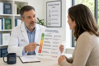 Consultation between a healthcare professional and a patient in a bright office discussing scientific evidence charts, conveying professional care and medical rigor.