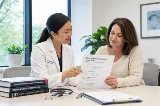 Healthcare professional and patient calmly discussing a non-medicinal treatment plan in a bright, modern consultation room.