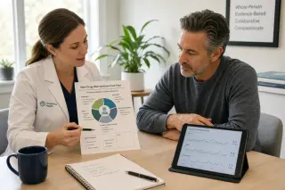 Professional healthcare consultation about non-drug interventions between a clinician and a patient in a well-lit, modern medical office.