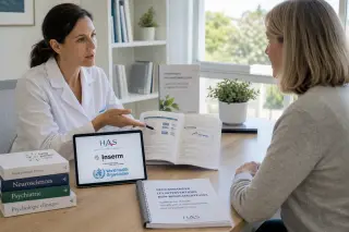 Doctor and patient discussing non-pharmacological health interventions at a desk with scientific reports and clinical charts in a bright, modern clinic.