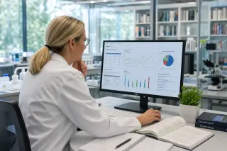 Researcher in a white lab coat analyzing intervention data on a computer in a modern, well-lit laboratory, suggesting scientific rigor and a calm atmosphere.