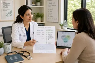 Healthcare professional in a white coat and a patient review a combined medication and non-pharmacological care plan in a bright, calm medical office.
