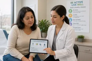 Healthcare professional and patient discussing a non-drug preventive health plan together in a well-lit consultation room, with clear evidence-based materials in view.
