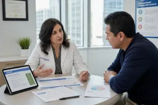 Healthcare professional and patient sitting together reviewing non-pharmacological intervention plans in a bright consultation room, with official documents and a tablet visible on the table.