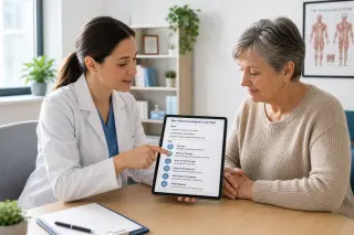Doctor and patient discussing a non-drug treatment plan together in a bright, modern clinic consulting room.
