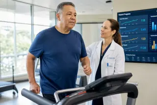 Healthcare professional supports a patient brisk walking on a treadmill in a bright rehab center, with medical data on screens and a calm, caring atmosphere.