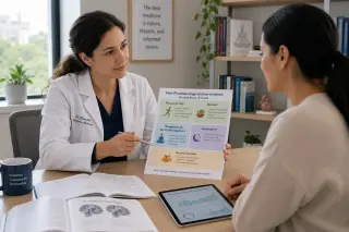 Healthcare professional consulting with a patient in a bright room, discussing a chart of non-drug interventions with open scientific journals and a tablet on the desk.