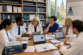 Researchers and healthcare professionals collaborating in a bright, orderly medical library, surrounded by scientific journals and data on screens.