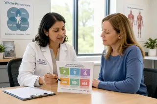 Healthcare professional and patient seated at a desk in a bright office, reviewing a treatment plan together in a calm, collaborative manner.
