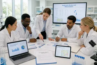Researchers in lab coats collaboratively analyzing scientific data and systematic reviews in a brightly lit, modern laboratory.