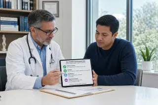 Doctor and patient reviewing a digital health plan together in a well-lit office with medical journals on shelves.