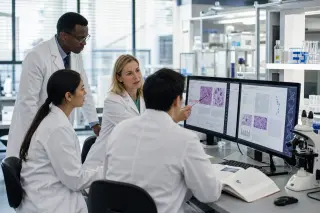 Researchers in lab coats analyzing data together on computer screens in a bright, professional laboratory