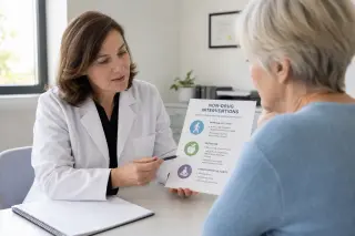 Healthcare professional and patient discussing non-drug interventions in a bright medical office, focusing on educational diagrams, both engaged and calm.