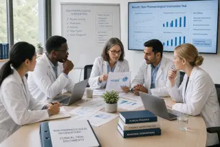 Clinical researchers in white lab coats collaborating over laptops and data charts in a well-lit meeting room, discussing non-drug intervention trials.