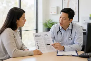 Doctor and patient sitting at a table in a bright consultation room, reviewing official health guidelines for non-pharmacological interventions together.