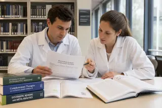 Researchers in lab coats study scientific journals and printed data at a sunlit table in a modern library, focused on analyzing complementary therapy research.