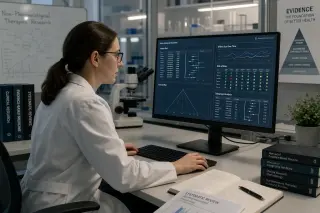 Researcher in a white lab coat reviewing scientific data on a computer screen in a well-lit laboratory, surrounded by research equipment and journals, emphasizing evidence-based study of non-pharmacological therapies.