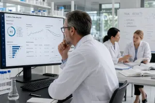 Scientist in a lab coat analyzing health data on a large monitor in a well-lit research lab, with colleagues consulting open medical journals nearby.