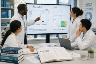 Researchers in lab coats analyze data and scientific articles on a screen in a well-lit laboratory, discussing meta-analyses and Cochrane reviews.