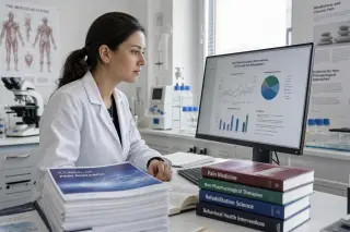 Scientist in a white lab coat analyzing data on a computer in a modern, well-lit laboratory with medical journals and equipment.