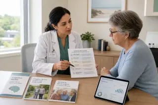 Healthcare professional and patient reviewing a printed care plan for non-drug interventions together in a bright consultation room, focused and calm atmosphere.