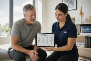 Patient and healthcare professional discussing a non-drug treatment plan in a well-lit, modern consultation room.