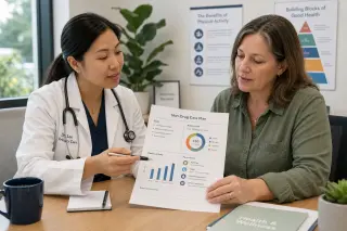 Physician and patient calmly discuss a non-drug treatment plan in a bright, modern consultation room with charts visible on the desk.